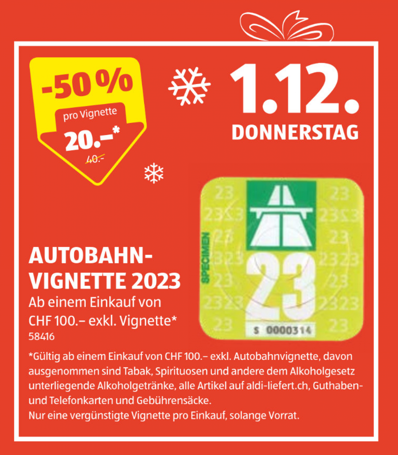 Aldi 2023 für 20. ab CHF100 Einkauf !! NUR HEUTE