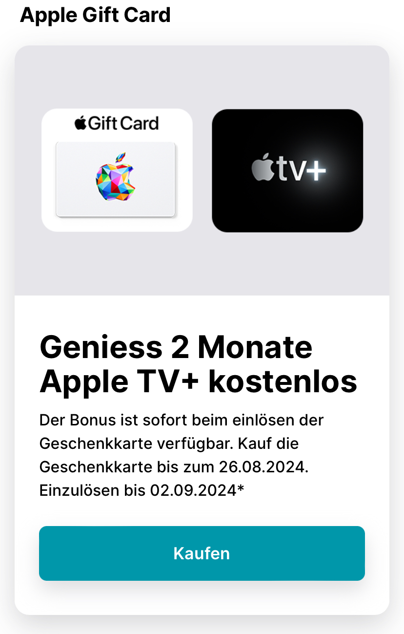 Kostenlose zwei Monate Apple TV+ bei Kauf und Einlösen einer Apple Geschenkkarte