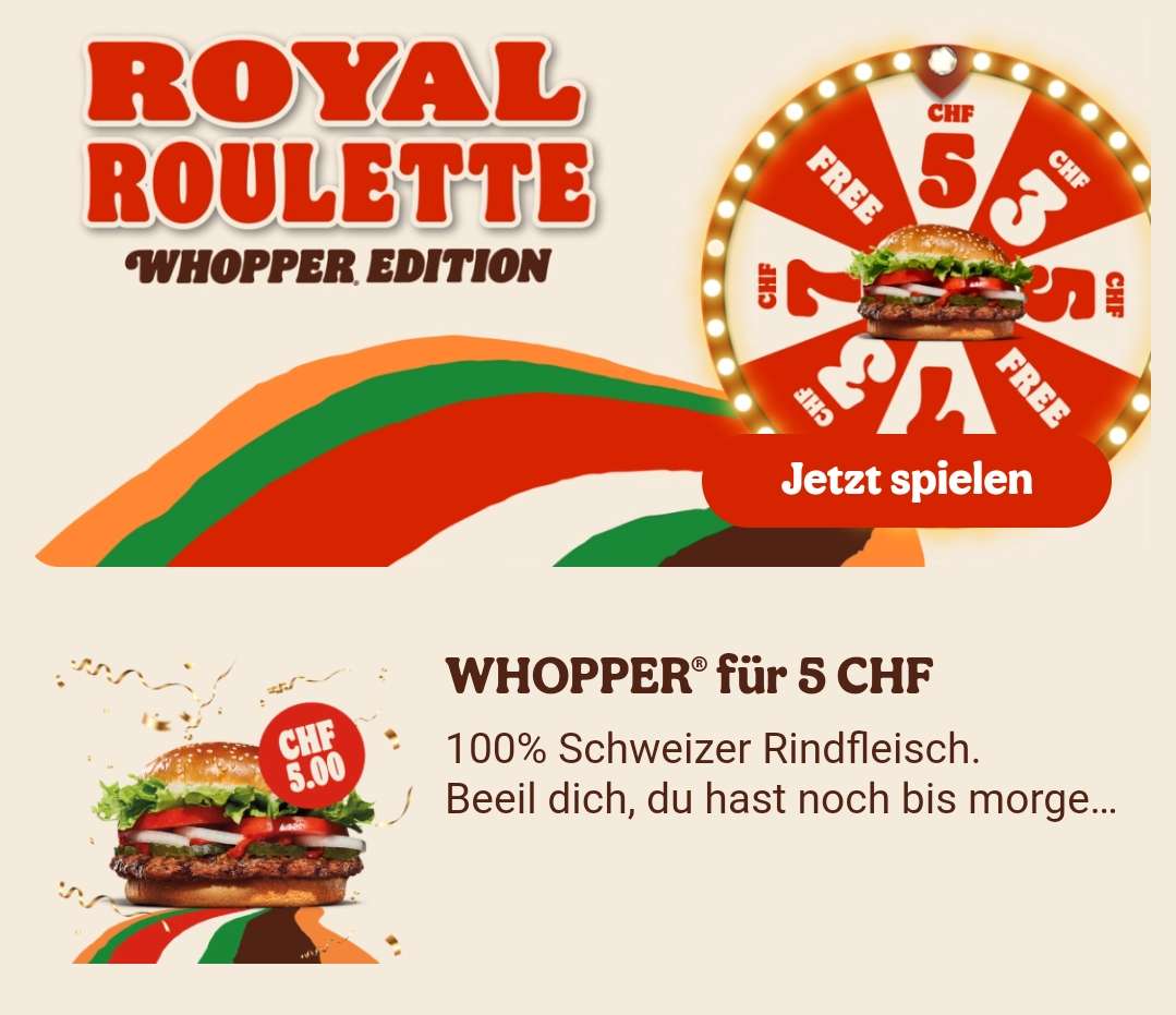 Burger King Royal Roulette in der App – 5% Gewinnchance auf gratis Whopper