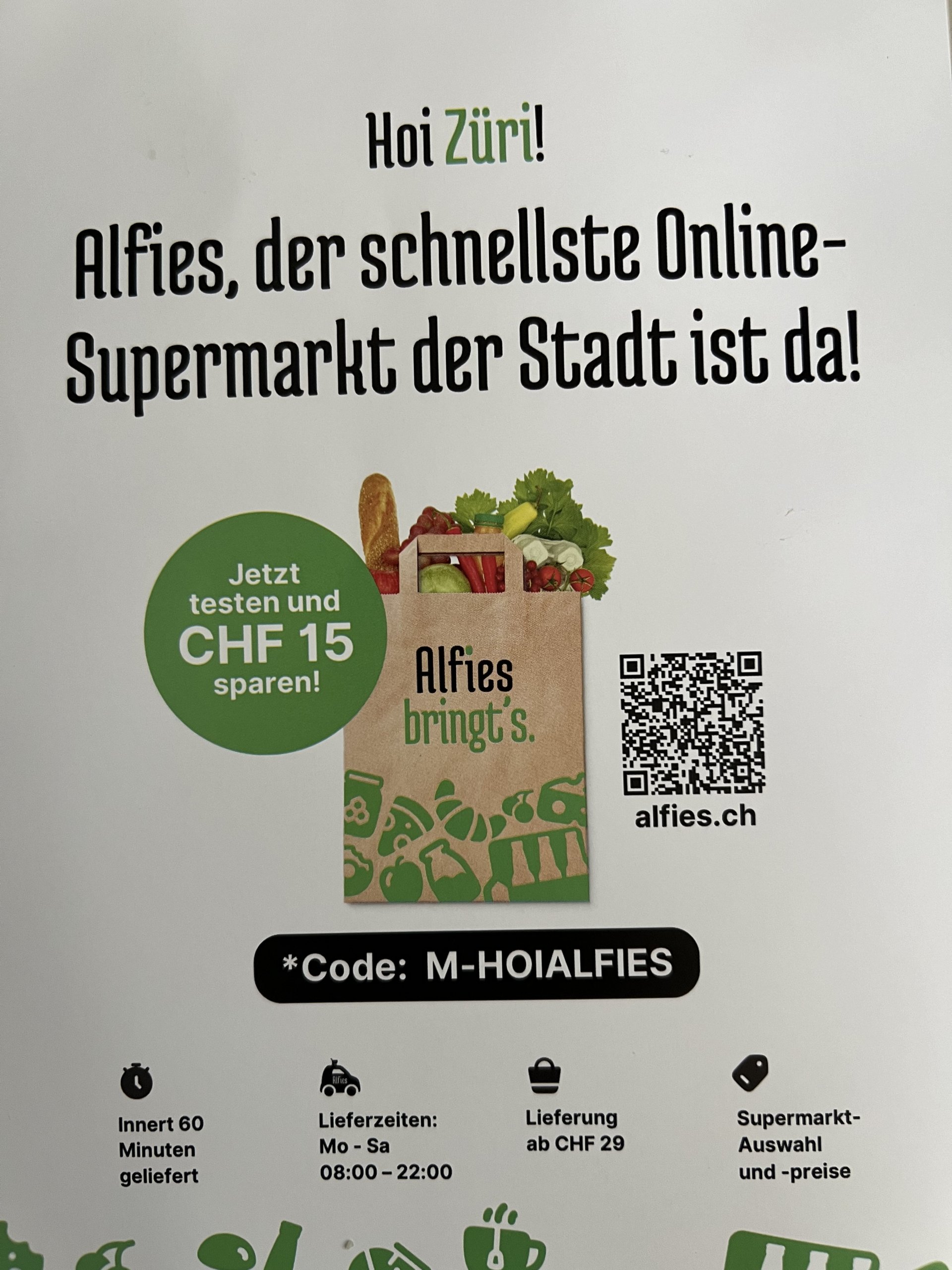 Alfies.ch Gutschein für 15 Franken Rabatt * 60 Minuten Supermarkt Lieferservice