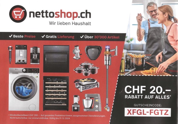 Nettoshop Gutschein für CHF 20.- Rabatt ab CHF 200.- Bestellwert