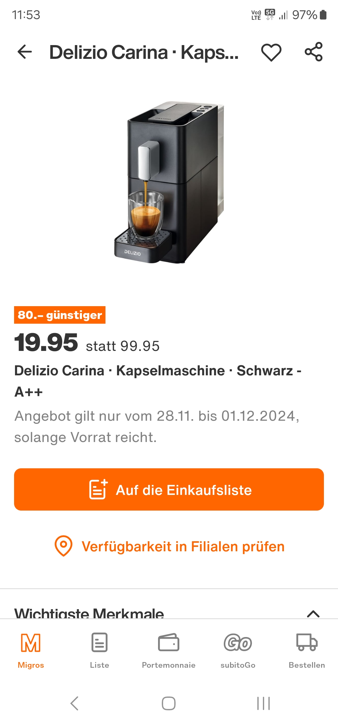 Delizio Carina Kapselmaschine Schwarz – A++