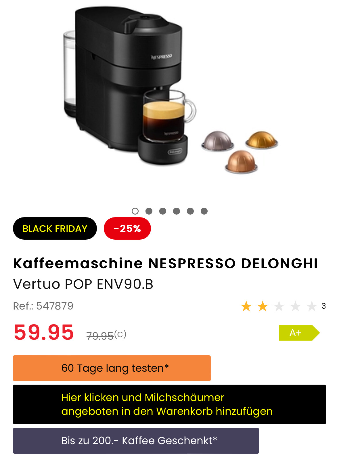 Nespresso Vertuo POP+ Milchschäumer Aeroccino 3+ 70.– Kaffee geschenkt