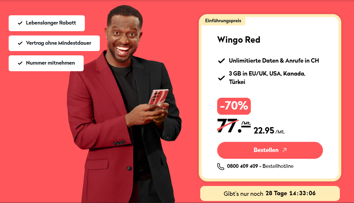 Wingo Red (Swisscom-Netz, CH alles unlimitiert, 3 GB EU/UK, USA, Kanada, Türkei-Roaming)