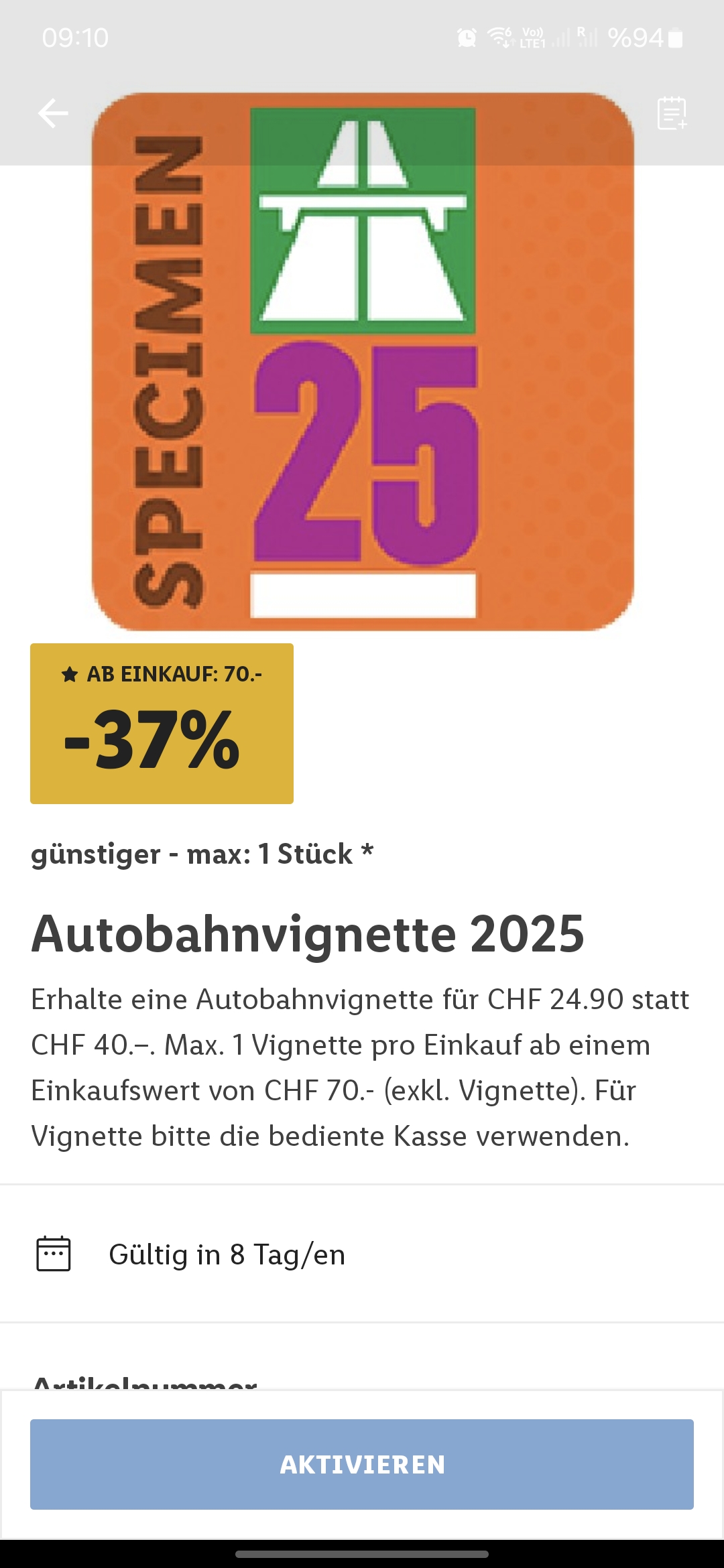 Lidl Autobahnvignette 2025 für 24.90 CHF ab 70 CHF Einkaufswert