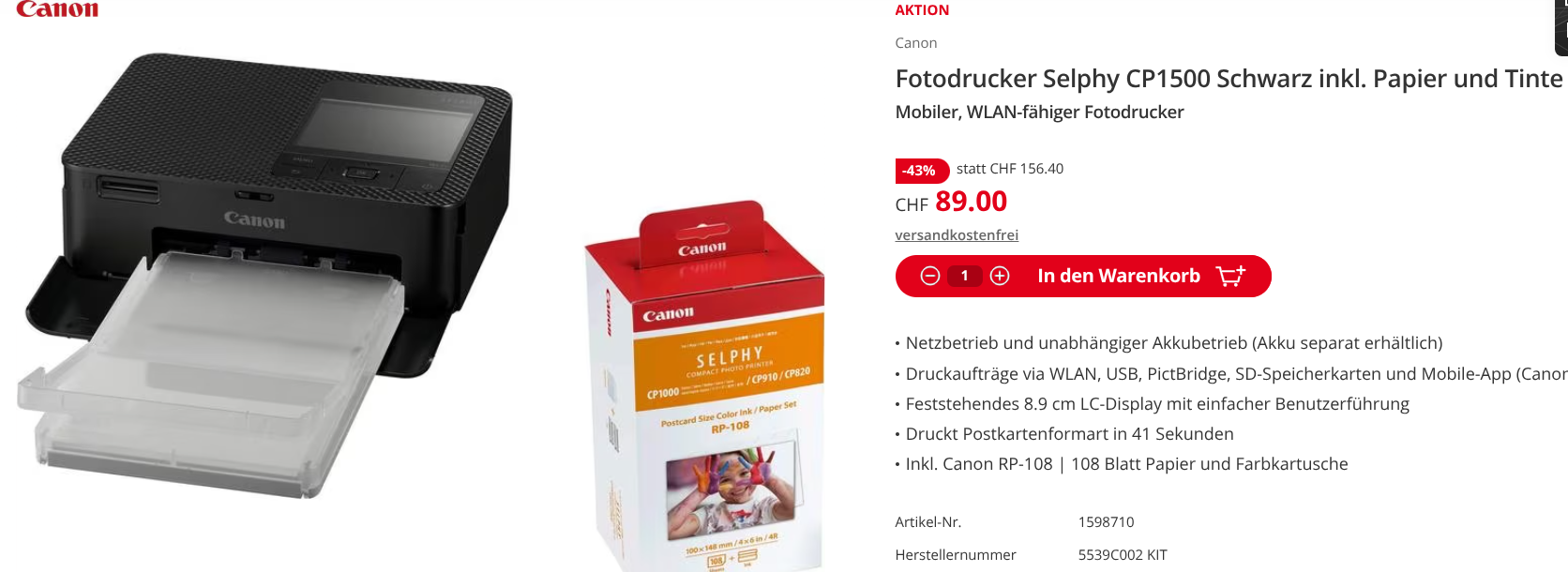 Fotodrucker Selphy CP1500 Schwarz inkl. Papier und Tinte – in drei Farben