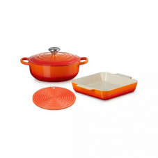 NUR HEUTE – LE CREUSET Kochgeschirr 3er-Set Signature/Classic (24cm Rundform, 23cm Auflaufform, Untersetzer) bei Manor