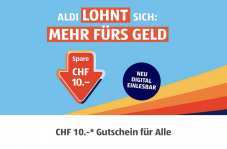 Aldi Gutschein CHF 10.- ab einem Einkauf von CHF 60.– vom 27. bis 29.6.2024 gültig.