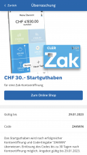 Zak Kontoeröffnung und CHF 30.- Startguthaben einkassieren