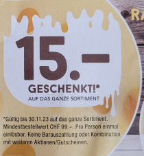 Lehner Versand Gutschein für CHF 15.- Rabatt ab CHF 99.- Bestellwert bis 30.11.2023