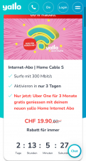 yallo Home Cable S mit 300 Mbit/s (inkl. Uber One 3 Monate gratis), TV-Option +5 CHF