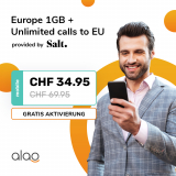 Salt Europe 1GB (unlim. Schweiz, 1GB Roaming in EU, unlim. Anrufe nach/in EU, 5G inkl.) bei Alao