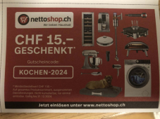 Nettoshop Gutschein für CHF 15.– Rabatt ab CHF 150.–, gültig bis am 31.12.2024.