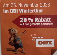 Lokal: OBI Winterthur 20% Rabatt auf das gesamte Sortiment am 25. November 2023