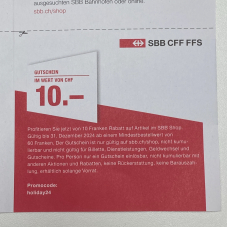 SBB Shop Gutschein für 10 CHF Rabatt ab CHF 60.-