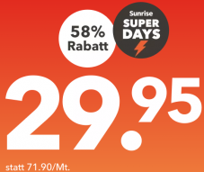 Sunrise UP Mobile L für CHF 29.95 / Mt. (5G, CH alles unlimitiert, fast ganz Europa unlimitiert + 40GB Roaming Daten)