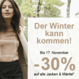 30% auf ausgewählte Jacken und Mäntel bei La Redoute, z.B. La Redoute Collections Mantel im Bouclé-Strick für CHF 111.30 statt CHF 159.-