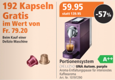 Kaffeemaschine DELIZIO UNA Autom. purple inkl. 192 gratis Delizio Kapseln bei Fust