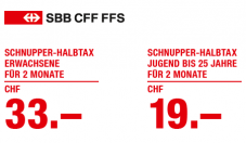 SBB Gutschein fürs Schnupper-Halbtax (2 Monate für 19 resp. 33 Franken)