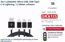 3in1 Ladekabel: Micro USB, USB Type-C & Lightning, 1,2 Meter, schwarz