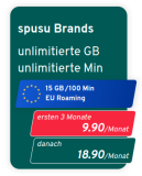 Spusu: CH alles unlimitiert und 15 GB/100 Min EU Roaming CHF 9.90 / CHF 18.90