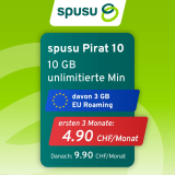 spusu Pirat 10: Unlimitiertes Telefonieren & SMS + 10GB Daten & 3GB Roaming für 3 Monate nur 4.90, danach 9.90