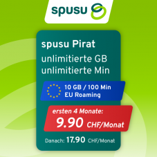 Exklusives spusu-Abo für Preispiraten: CH alles unlimitiert und 10 GB/100 Min EU Roaming