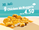 McDonalds Sommerhits: Heute 9x Chicken McNuggets für 4.50 CHF